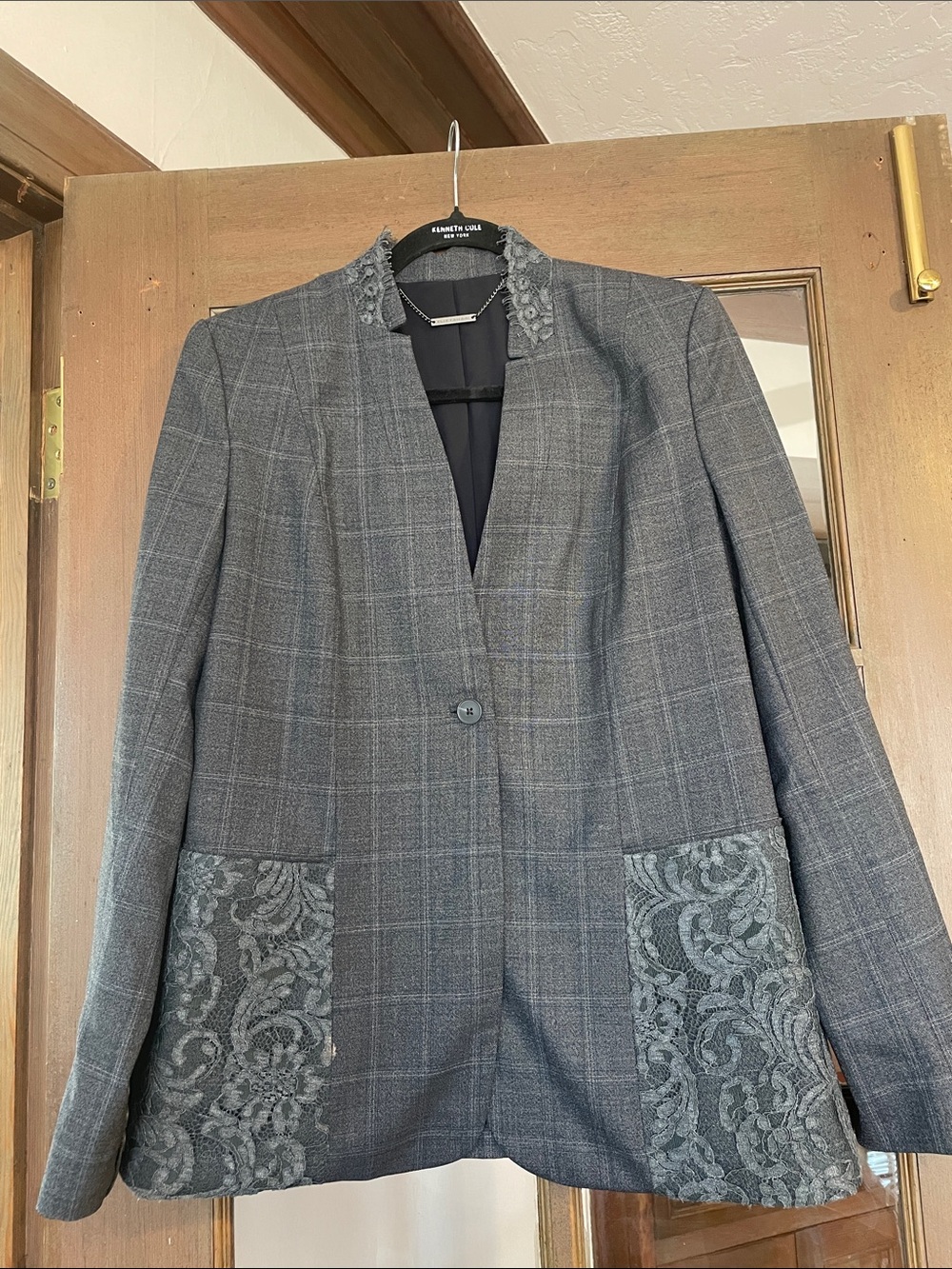 Elie Tahari  Gray Plaid Blazer with Lace Insets